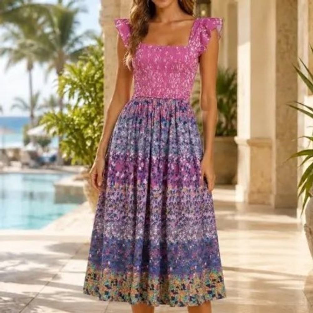 Caroline Constas Pink Floral Smocked Cotton Midi Dress XS Flutter Tie Back